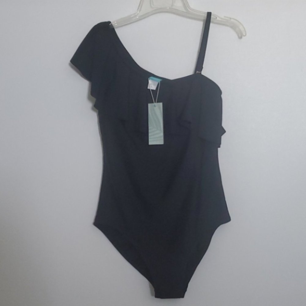 NWT Coastal Blue Ruffle One Shoulder Black One Piece Swimsuit Medium - Picture 4 of 8